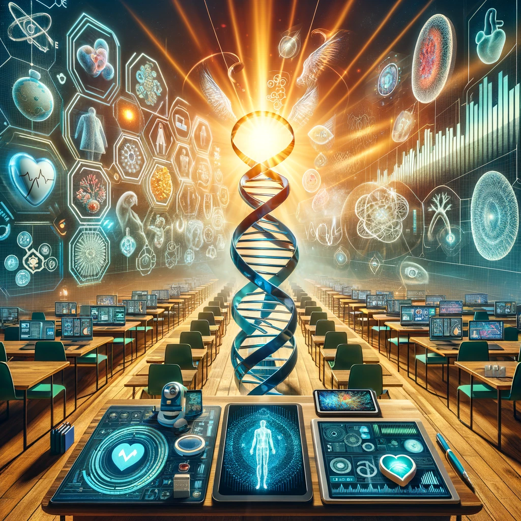 DALL·E 2024 02 24 12.57.25 An inspiring and futuristic image representing the convergence of technology and healthcare in 2024. The image should depict a harmonious blend of adv
