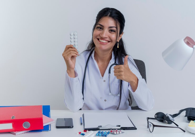 happy young female doctor wearing medical robe stethoscope sitting desk with medical tools holding pack medical tablets looking showing thumb up isolated 141793 68943