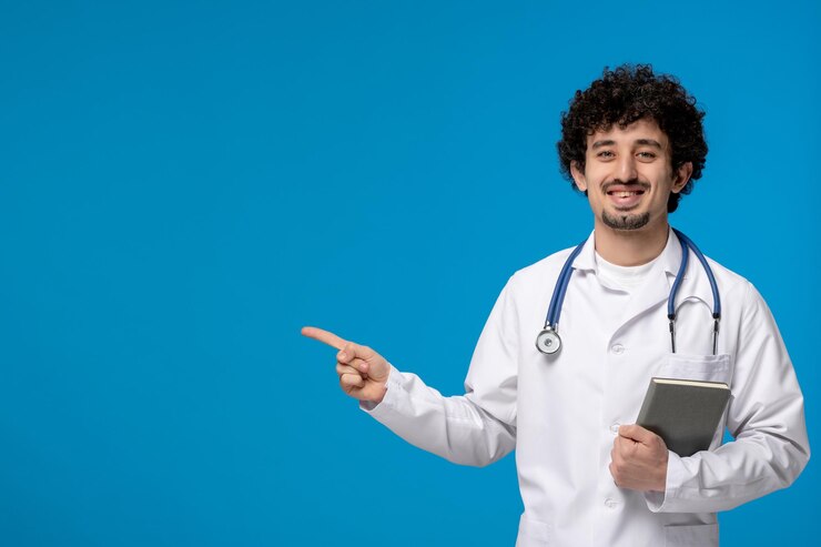 doctors day curly brunette cute guy medical uniform smiling holding book 140725 162768