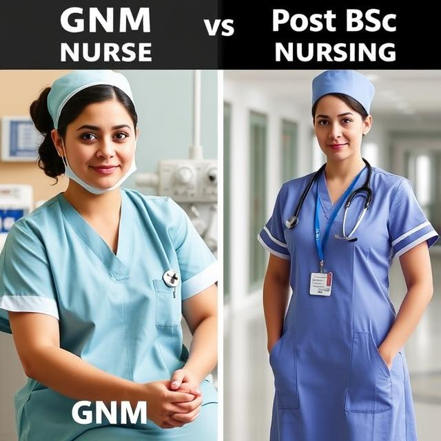 A visual comparison between a GNM nurse and a Post BSc Nursing graduate. The GNM nurse is in a clinical setup, while the Post BSc Nursing graduate is shown in a leadership role or wearing a more professional medical uniform.