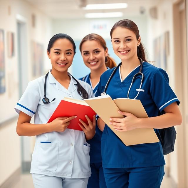 An inspiring image of two young nursing students in uniforms, one holding books and the other holding a stethoscope, standing confidently in a healthcare setting, symbolizing education and career in nursing
