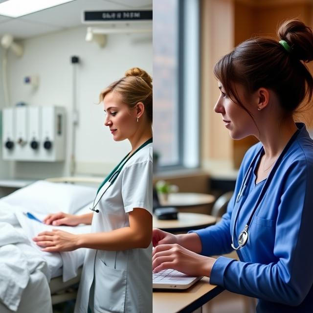 A split-screen image: one side shows a nurse in a hospital setting providing patient care (representing GNM), and the other side shows a nurse in a classroom teaching students or working on research (representing BSc Nursing).
